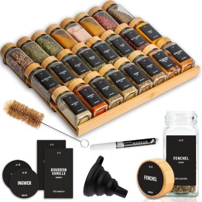 Deco Haus Οργανωτής συρταριού από μπαμπού με βαζάκια μπαχαρικών - 3 βαθμίδων οργανωτής συρταριού - οργανωτής κουζίνας, οργανωτής συρταριού με 24 βαζάκια μπαχαρικών, 280 ετικέτες μπαχαρικών, βούρτσα και χωνί