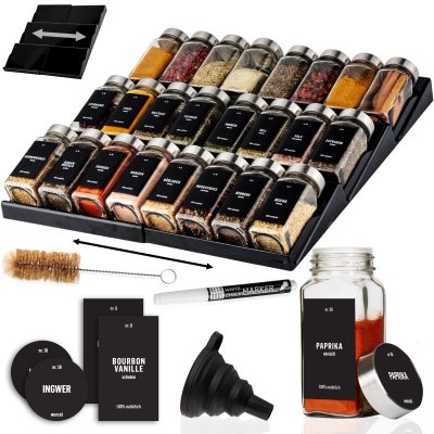 Deco Haus Μαύρη συσκευή οργάνωσης συρταριών με βαζάκια μπαχαρικών - συσκευή οργάνωσης συρταριών 3 επιπέδων - συσκευή οργάνωσης κουζίνας, συσκευή οργάνωσης συρταριών με 24 βαζάκια μπαχαρικών, 280 μαύρες ετικέτες, βούρτσα και χωνί