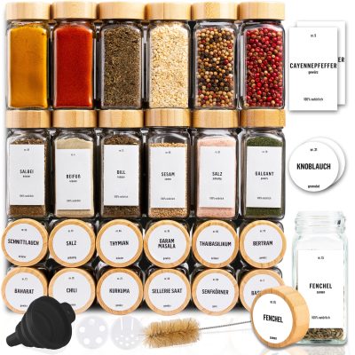 Deco Haus Σετ 24 βάζα μπαχαρικών με καπάκια από μπαμπού - ετικέτες, χωνί, πινέλο, μαρκαδόρος - ταιριάζει σε ράφια μπαχαρικών με 4 ράφια - βάζα αποθήκευσης και διανομής 120 ml, 10,5 x 4,3 cm