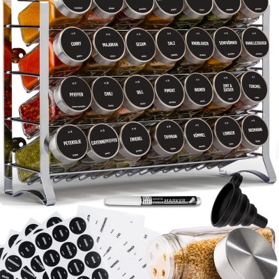 Ράφι μπαχαρικών Deco Haus με βάζα μπαχαρικών - μεταλλικό ράφι 4 επιπέδων - οργανωτής κουζίνας, ράφι μπαχαρικών με 28 βάζα μπαχαρικών, 144 ετικέτες, βούρτσα, χωνί, άγκιστρα - τοποθετήστε το στον πάγκο ή κρεμάστε το στον τοίχο.