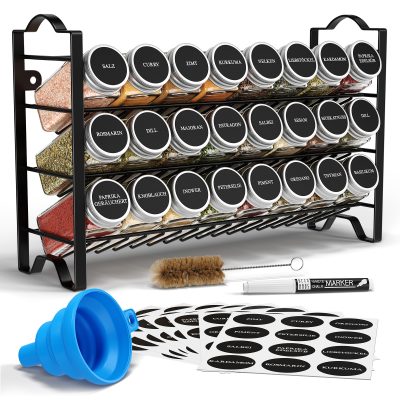 Βάση για μπαχαρικά με βαζάκια Deco Haus – τριώροφη μεταλλική βάση – οργανωτής κουζίνας, βάση για μπαχαρικά με 24 βαζάκια μπαχαρικών, 48 αυτοκόλλητα, βουρτσάκι, χωνί, γαντζάκια – τοποθετήστε την στον πάγκο ή κρεμάστε την στον τοίχο.
