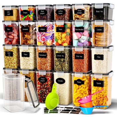 Δοχεία αποθήκευσης Deco haus – Επαναχρησιμοποιήσιμα δοχεία αποθήκευσης τροφίμων με αεροστεγή καπάκια – Κατάλληλα για φούρνο μικροκυμάτων, πλυντήριο πιάτων και καταψύκτη – Πλαστικό χωρίς BPA– Σετ 24 δοχείων - μαύρο