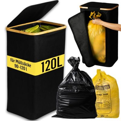 Deco haus® Κάδος απορριμμάτων (90-120L) - Βάση για σακούλες απορριμμάτων - Κάδος για σακούλες απορριμμάτων - Κάδος με καπάκι - Σύστημα για απορρίμματα κουζίνας - Στιβαρή βάση για σακούλα απορριμμάτων - ΜΑΥΡΟ